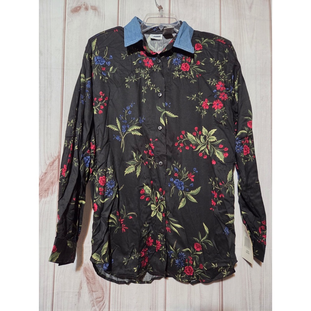 Capacity‎ Womens Floral Button Down Shirt Black Blue Denim Collar Large NWT